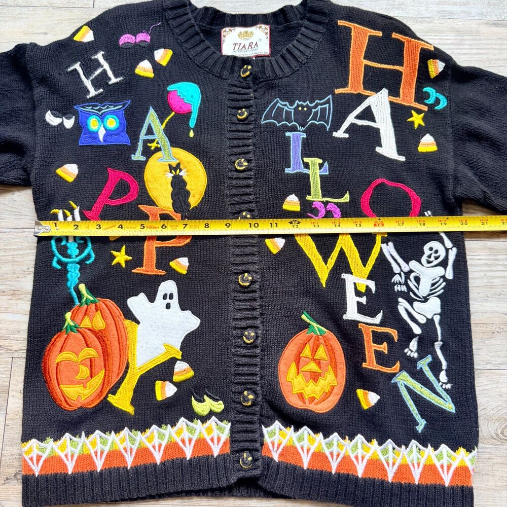 Vintage Halloween Sweater Cardigan Small 2001 Tiara International Ghost Pumpkin - Picture 5 of 13